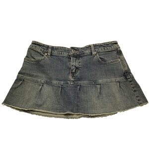 Vintage Y2K Taunt Women's Low Rise Denim Mini Skirt Pleated Raw Hem Blue Size 3